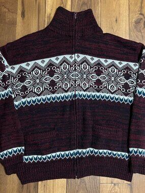 Vintage Haband Fair Isle Sweater Size Large Red Full Zip Grandpa Knit Granola